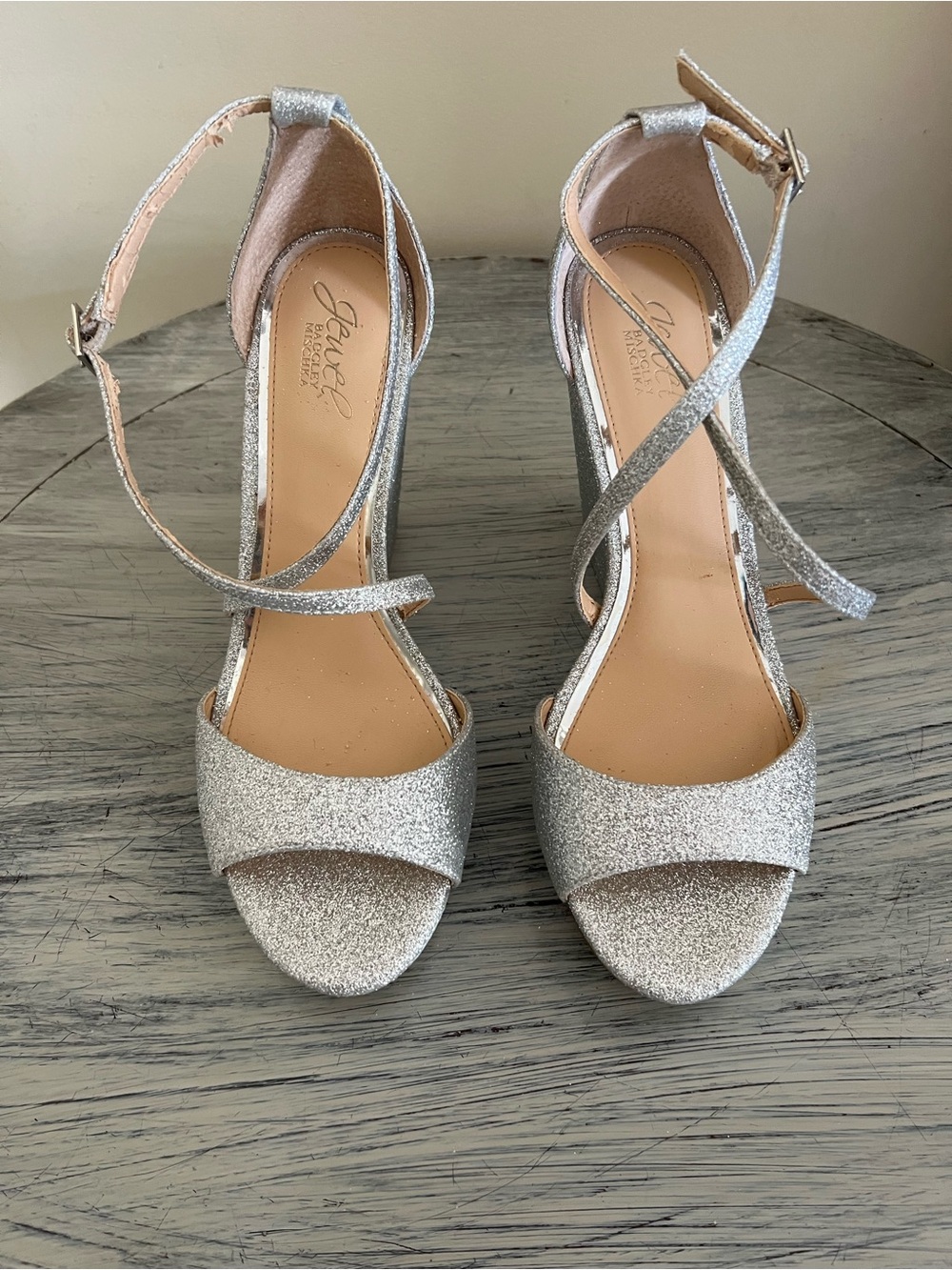 Jewel Badgley Mischka Silver Glitter Ankle-Strap Wedge Sandals Womens 9
